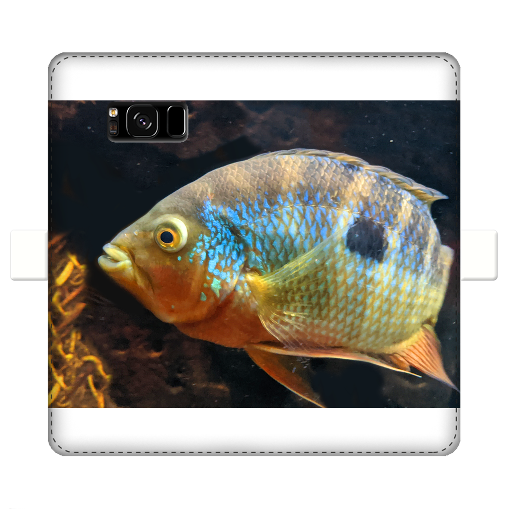 Colorful Fish Fully Printed Wallet Case featuring vibrant fish designs on a white faux leather exterior, designed for iPhone and Samsung S-series.