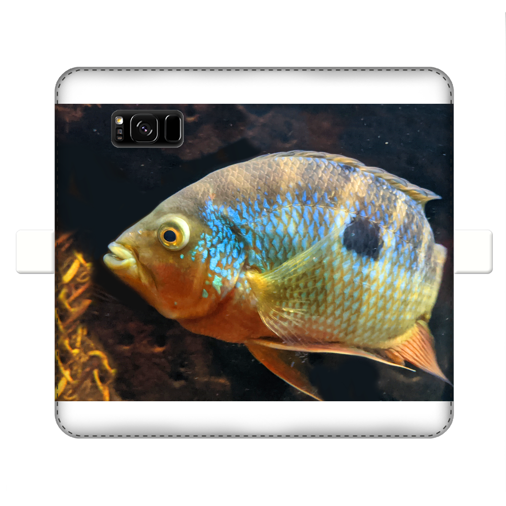 Colorful Fish Fully Printed Wallet Case featuring vibrant fish designs on a white faux leather exterior, designed for iPhone and Samsung S-series.