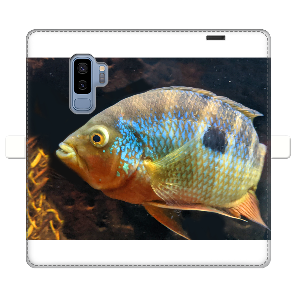 Colorful Fish Fully Printed Wallet Case featuring vibrant fish designs on a white faux leather exterior, designed for iPhone and Samsung S-series.