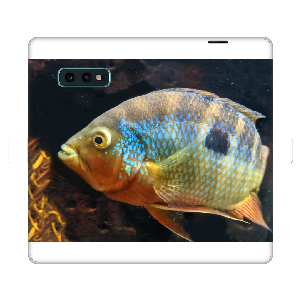 Colorful Fish Fully Printed Wallet Case featuring vibrant fish designs on a white faux leather exterior, designed for iPhone and Samsung S-series.