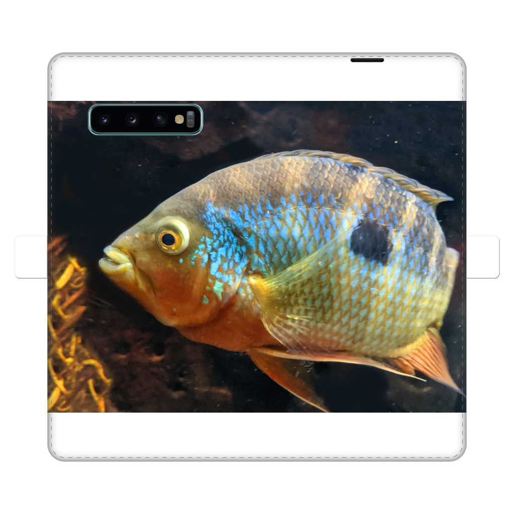 Colorful Fish Fully Printed Wallet Case featuring vibrant fish designs on a white faux leather exterior, designed for iPhone and Samsung S-series.