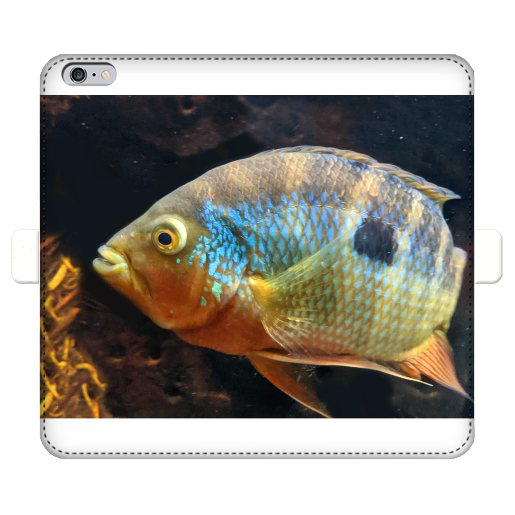 Colorful Fish Fully Printed Wallet Case featuring vibrant fish designs on a white faux leather exterior, designed for iPhone and Samsung S-series.