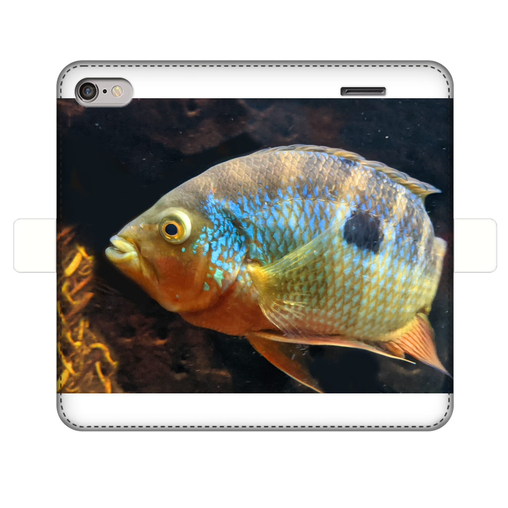 Colorful Fish Fully Printed Wallet Case featuring vibrant fish designs on a white faux leather exterior, designed for iPhone and Samsung S-series.