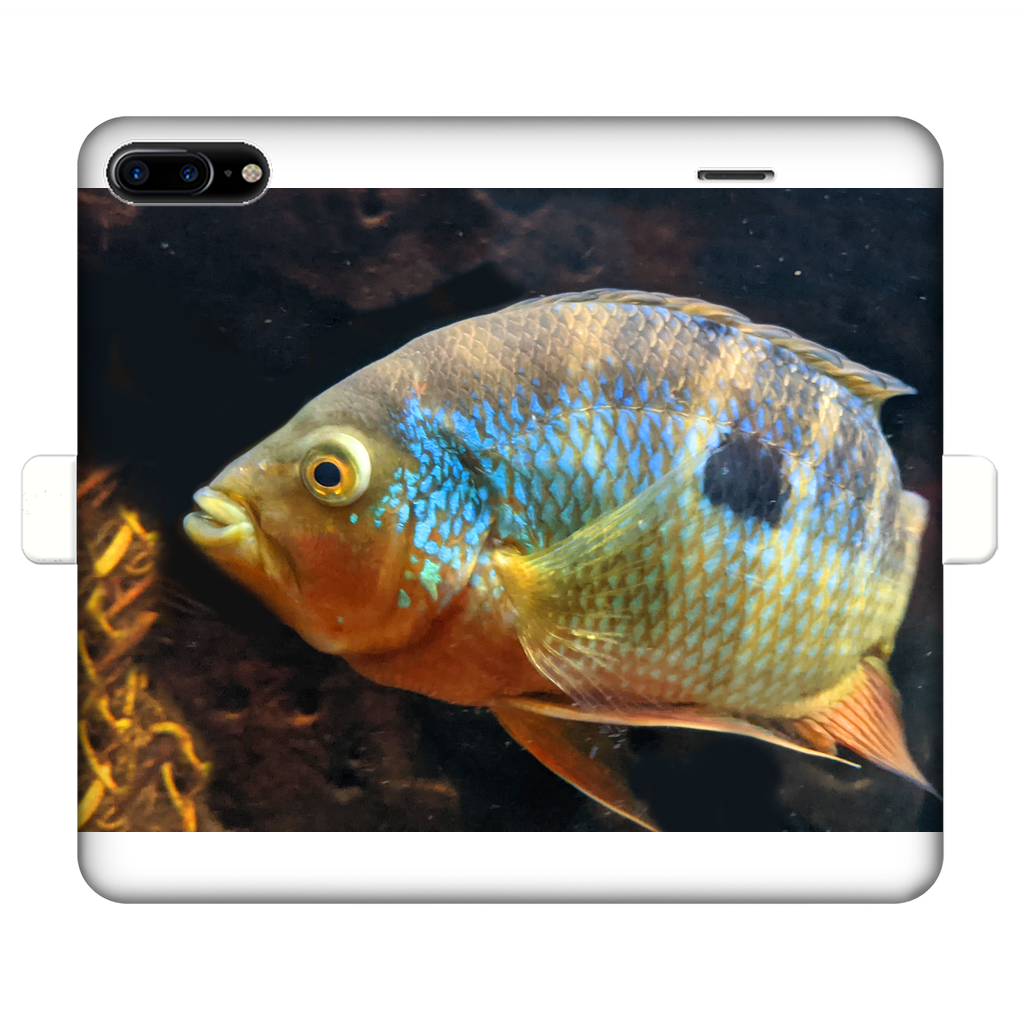 Colorful Fish Fully Printed Wallet Case featuring vibrant fish designs on a white faux leather exterior, designed for iPhone and Samsung S-series.