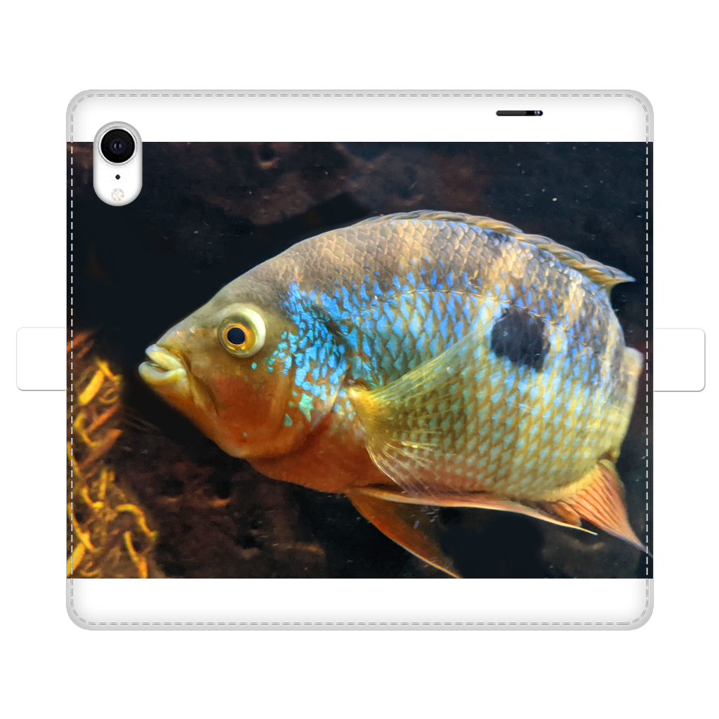 Colorful Fish Fully Printed Wallet Case featuring vibrant fish designs on a white faux leather exterior, designed for iPhone and Samsung S-series.