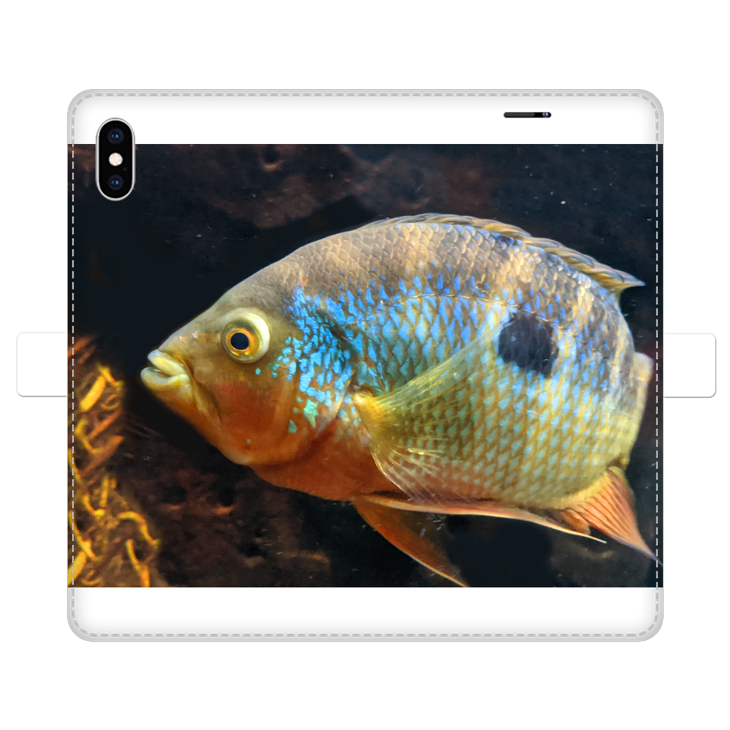 Colorful Fish Fully Printed Wallet Case featuring vibrant fish designs on a white faux leather exterior, designed for iPhone and Samsung S-series.