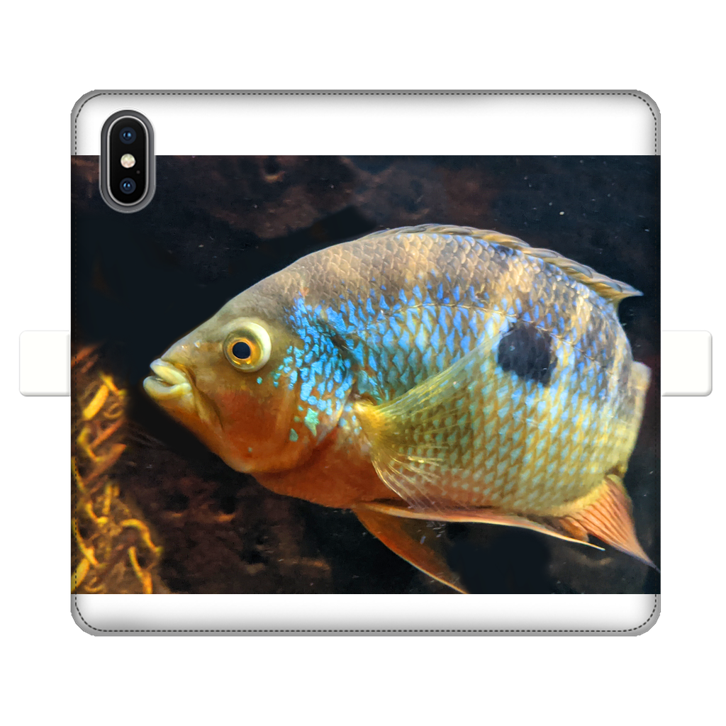 Colorful Fish Fully Printed Wallet Case featuring vibrant fish designs on a white faux leather exterior, designed for iPhone and Samsung S-series.