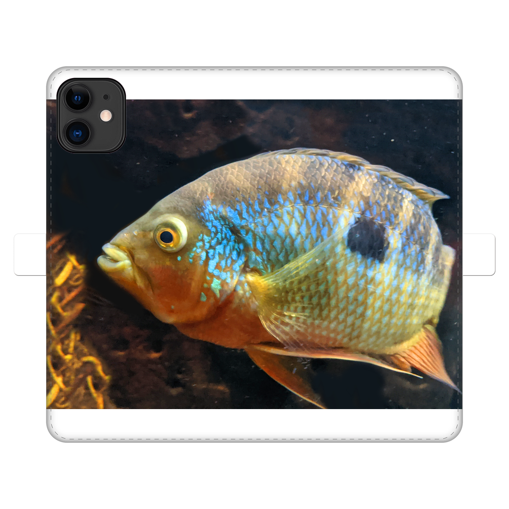 Colorful Fish Fully Printed Wallet Case featuring vibrant fish designs on a white faux leather exterior, designed for iPhone and Samsung S-series.