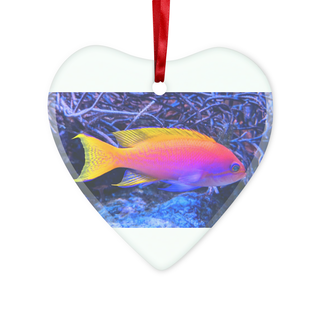 Colorful Fish Glass Hanging Ornament in round and heart shapes, beautifully crafted with vibrant colors, hanging with a red ribbon.