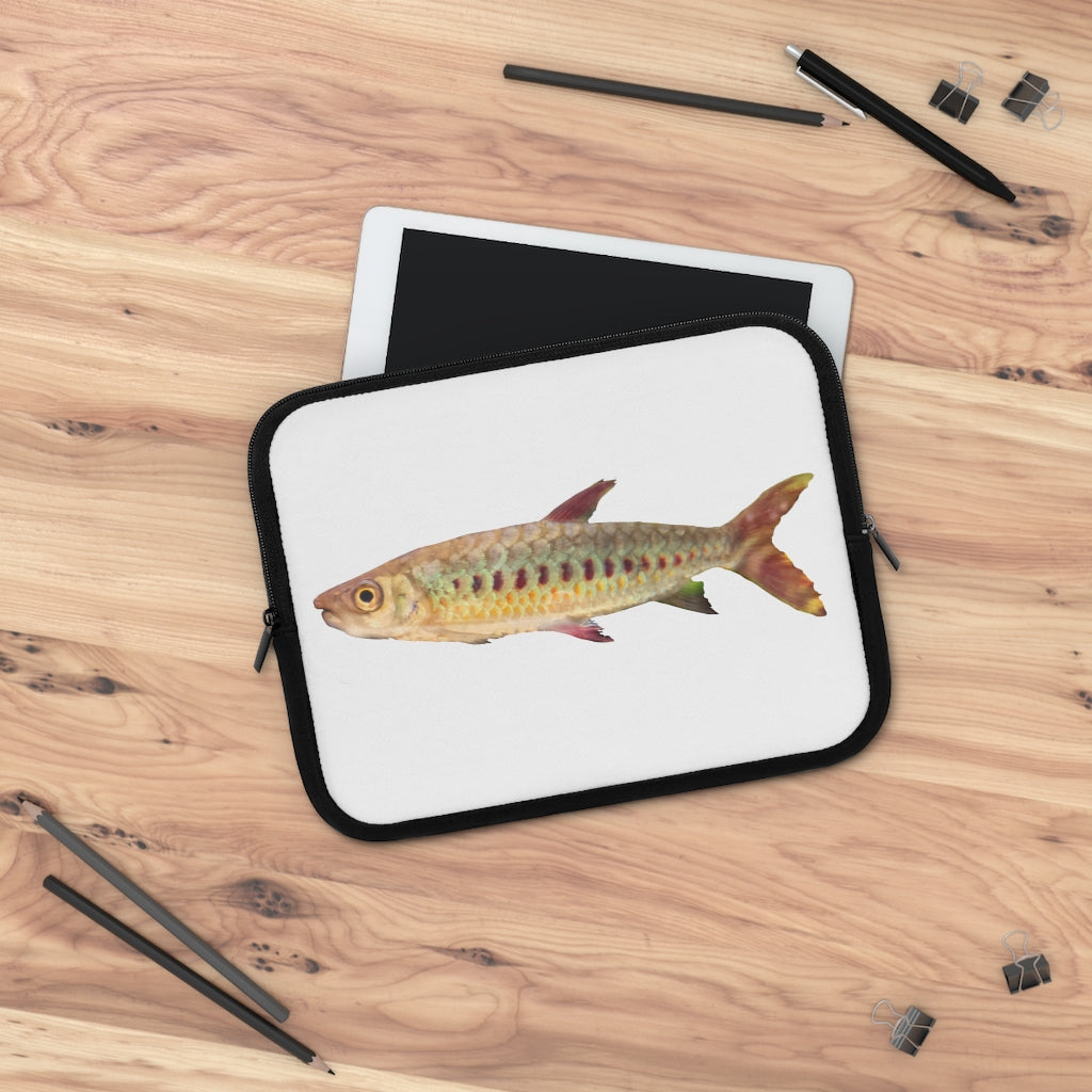 Colorful Fish Laptop Sleeve featuring a vibrant fish design on the front and a solid black back, ideal for protecting laptops.