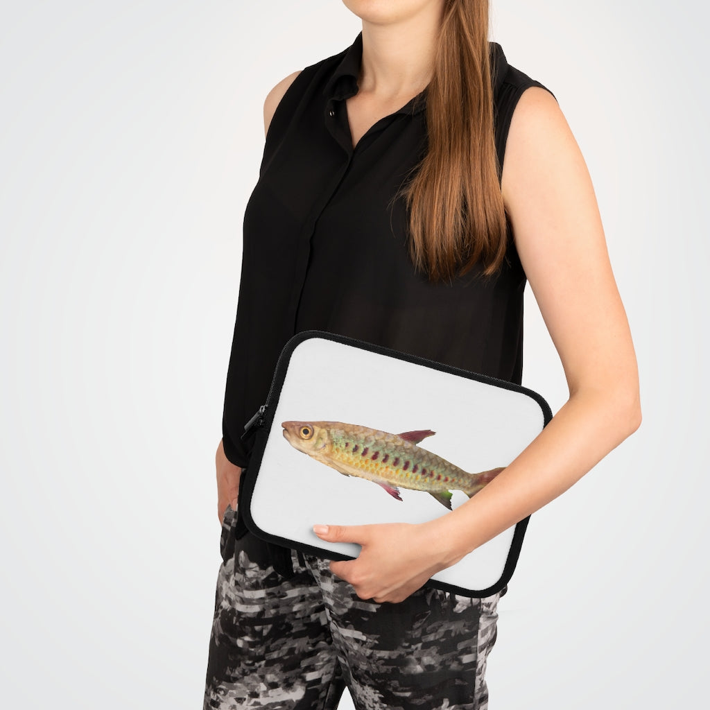 Colorful Fish Laptop Sleeve featuring a vibrant fish design on the front and a solid black back, ideal for protecting laptops.