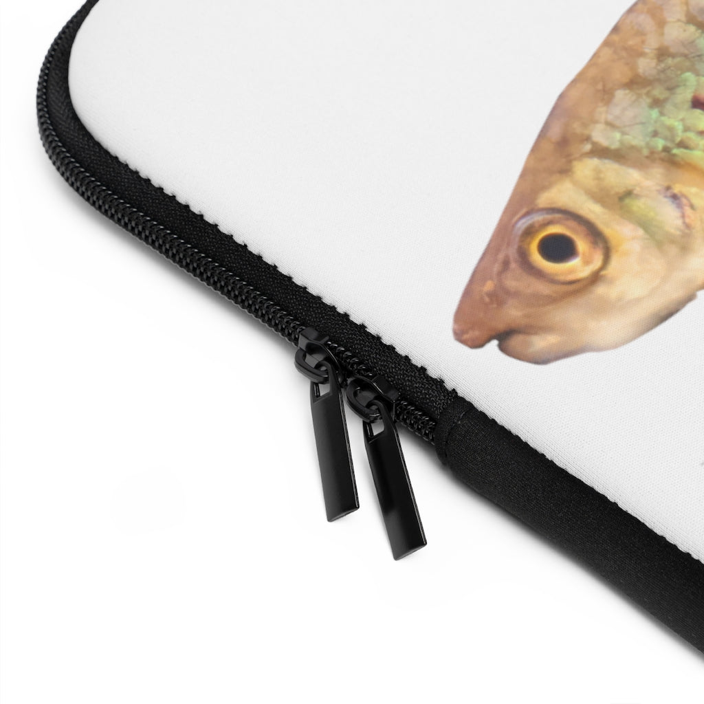 Colorful Fish Laptop Sleeve featuring a vibrant fish design on the front and a solid black back, ideal for protecting laptops.