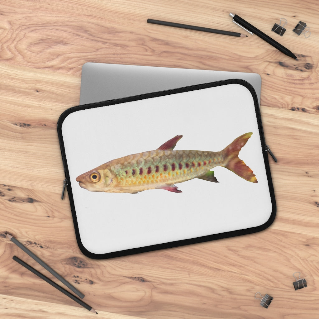 Colorful Fish Laptop Sleeve featuring a vibrant fish design on the front and a solid black back, ideal for protecting laptops.