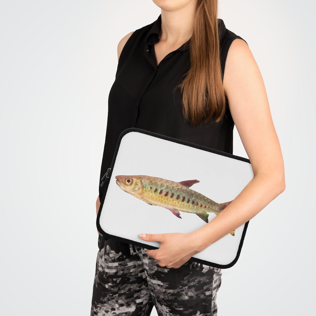 Colorful Fish Laptop Sleeve featuring a vibrant fish design on the front and a solid black back, ideal for protecting laptops.