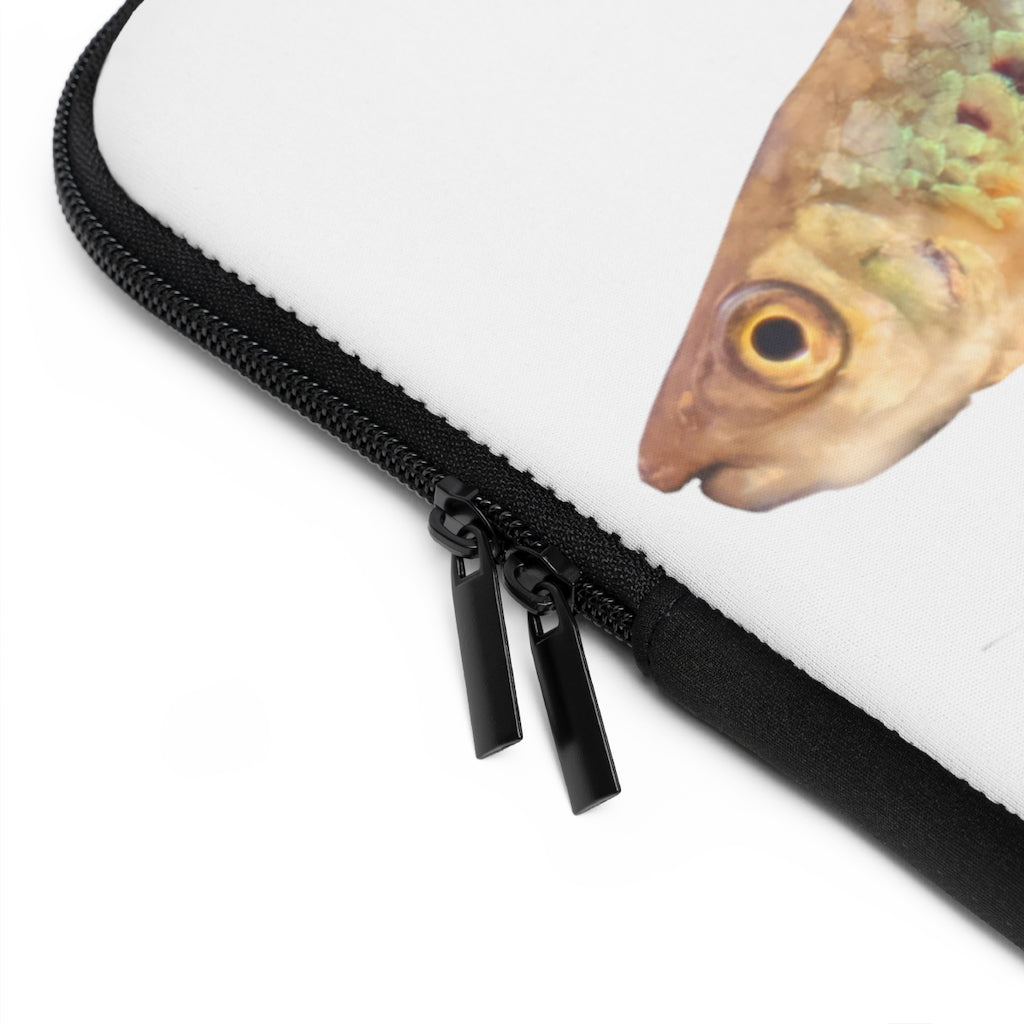 Colorful Fish Laptop Sleeve featuring a vibrant fish design on the front and a solid black back, ideal for protecting laptops.