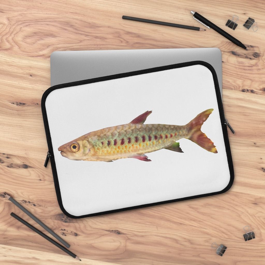 Colorful Fish Laptop Sleeve featuring a vibrant fish design on the front and a solid black back, ideal for protecting laptops.