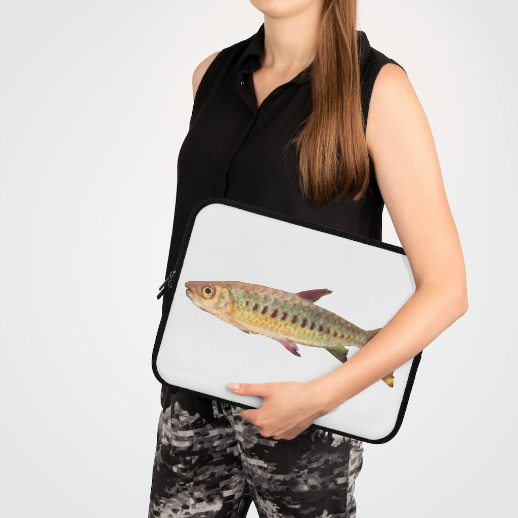 Colorful Fish Laptop Sleeve featuring a vibrant fish design on the front and a solid black back, ideal for protecting laptops.