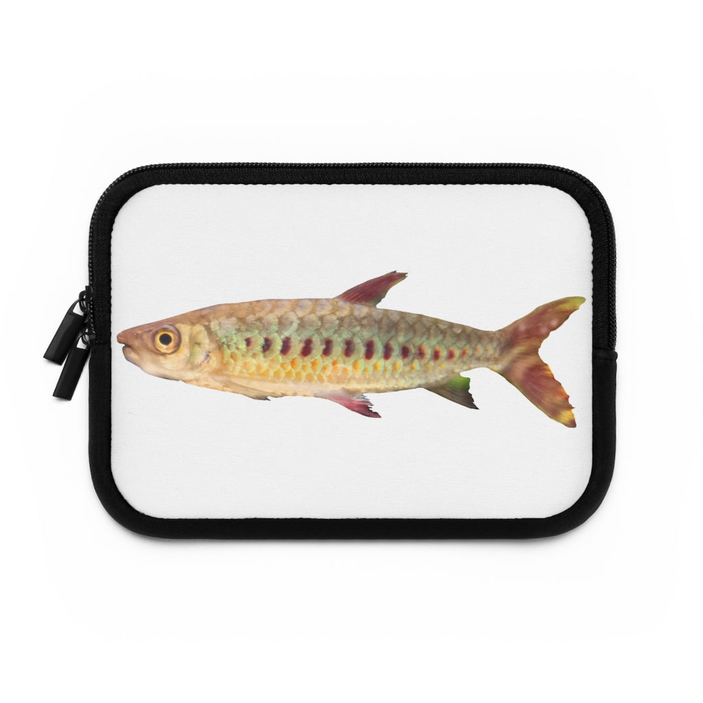 Colorful Fish Laptop Sleeve featuring a vibrant fish design on the front and a solid black back, ideal for protecting laptops.