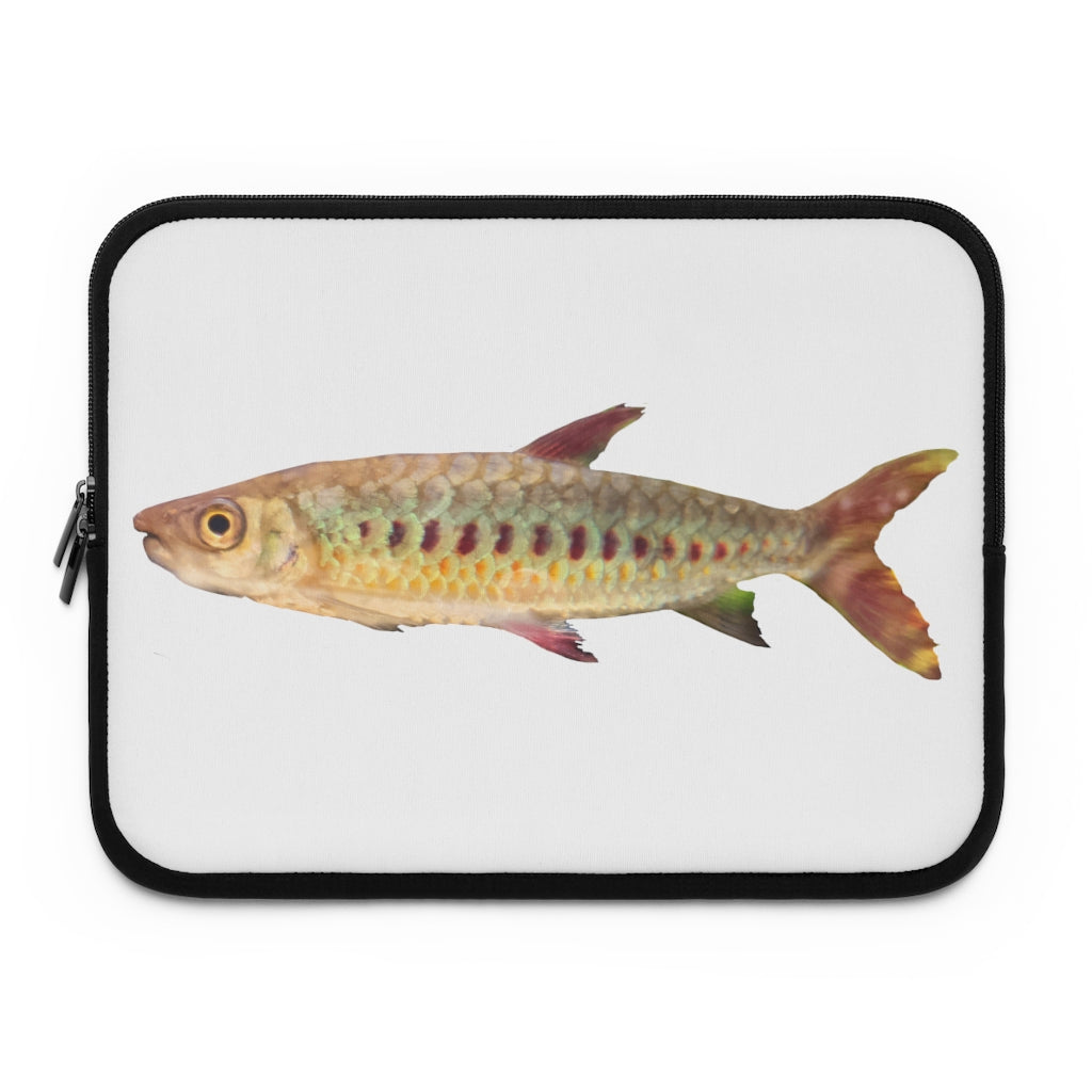 Colorful Fish Laptop Sleeve featuring a vibrant fish design on the front and a solid black back, ideal for protecting laptops.