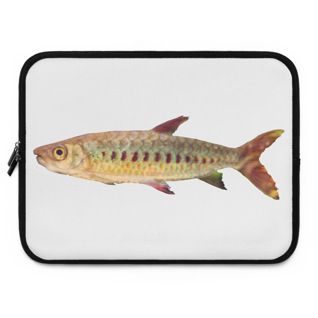 Colorful Fish Laptop Sleeve featuring a vibrant fish design on the front and a solid black back, ideal for protecting laptops.