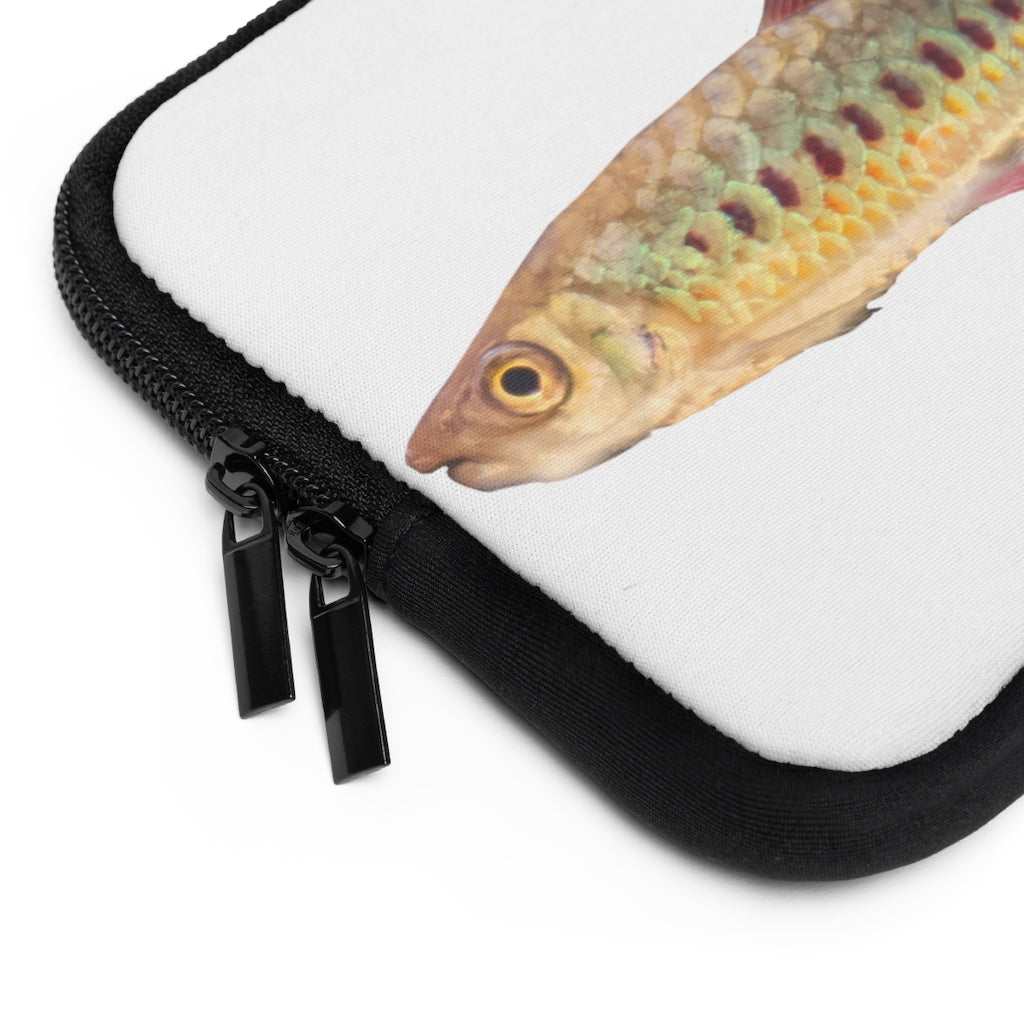 Colorful Fish Laptop Sleeve featuring a vibrant fish design on the front and a solid black back, ideal for protecting laptops.