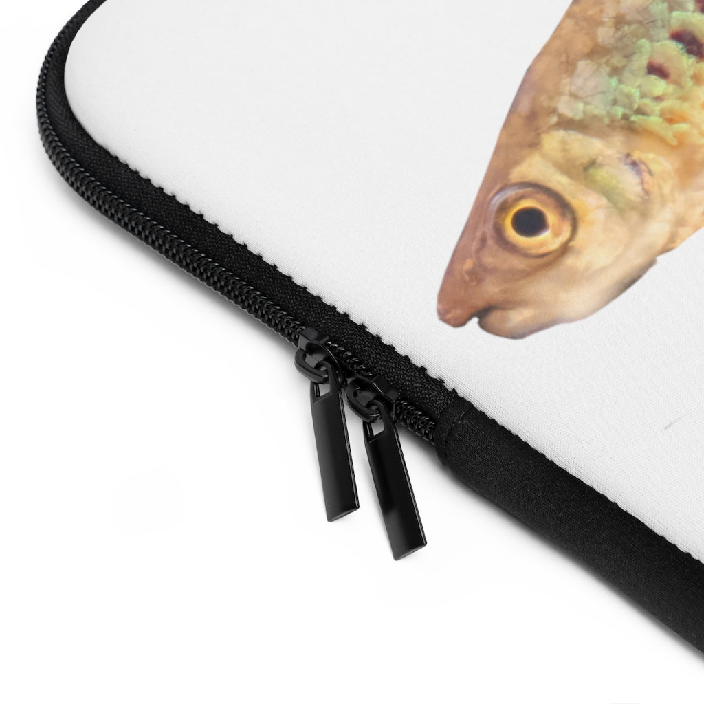 Colorful Fish Laptop Sleeve featuring a vibrant fish design on the front and a solid black back, ideal for protecting laptops.