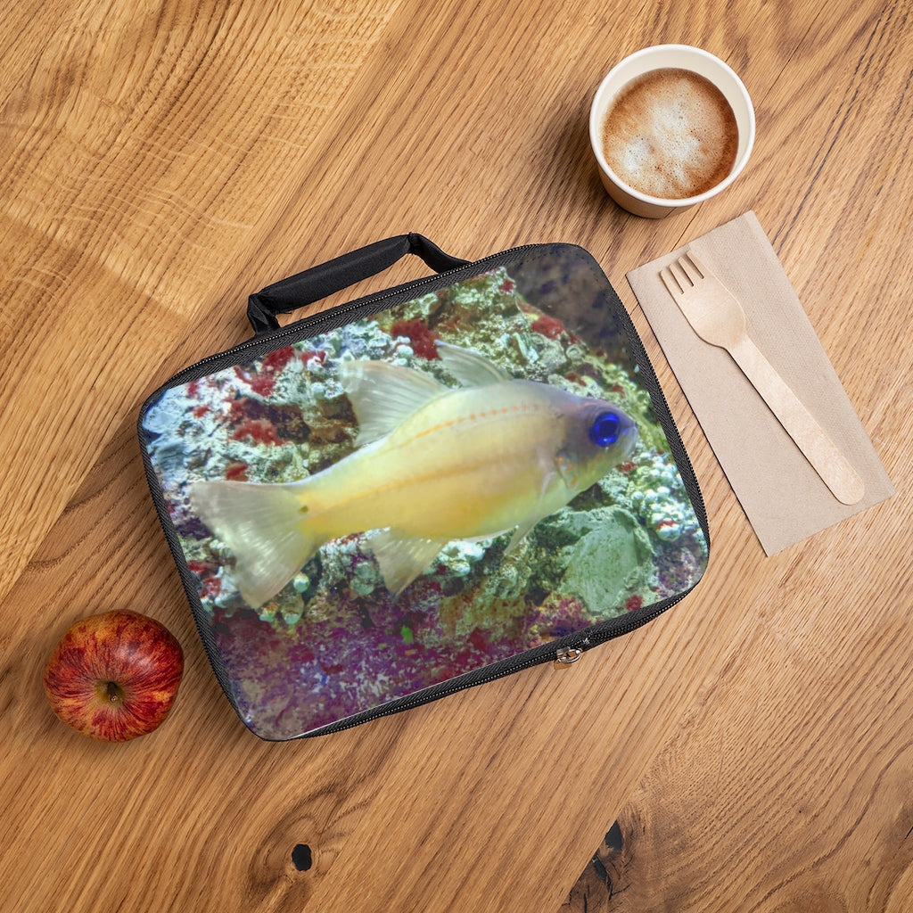 Colorful Fish Lunch Bag featuring a black base and customizable white area, ideal for adults and kids.