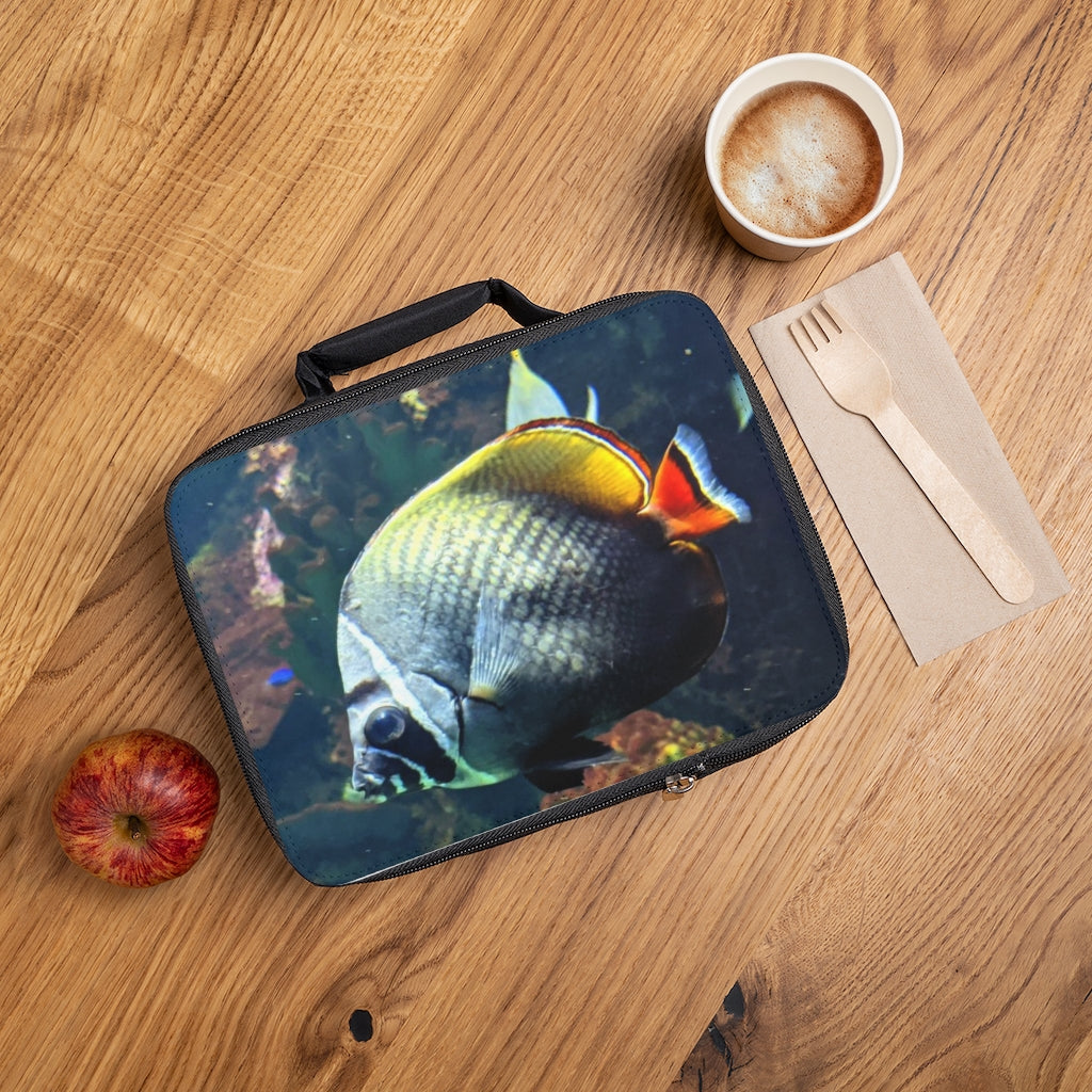 Colorful Fish Lunch Bag featuring a black base and customizable white area, perfect for adults and kids.