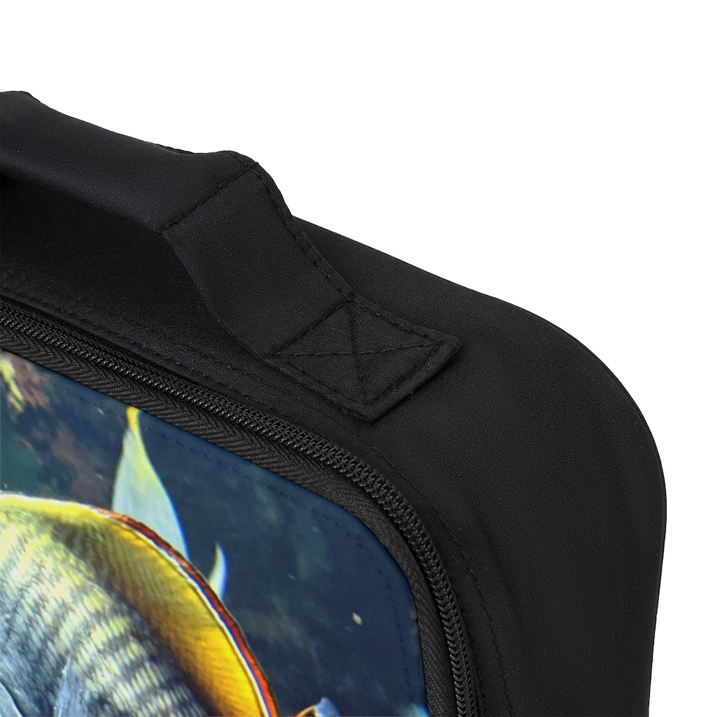 Colorful Fish Lunch Bag featuring a black base and customizable white area, perfect for adults and kids.