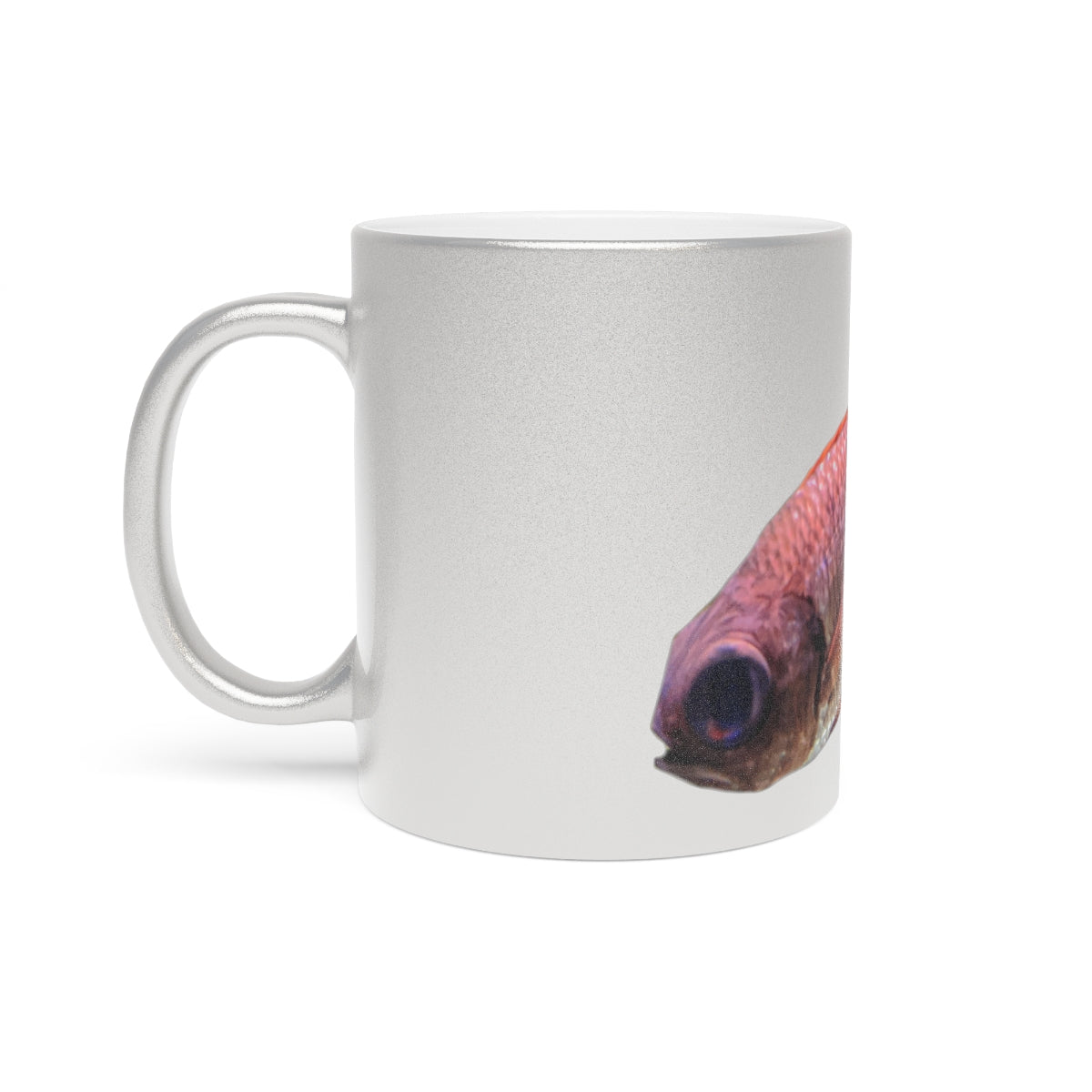 Colorful Fish Metallic Mug in Gold and Silver finishes, showcasing a personalized design option on a ceramic material.