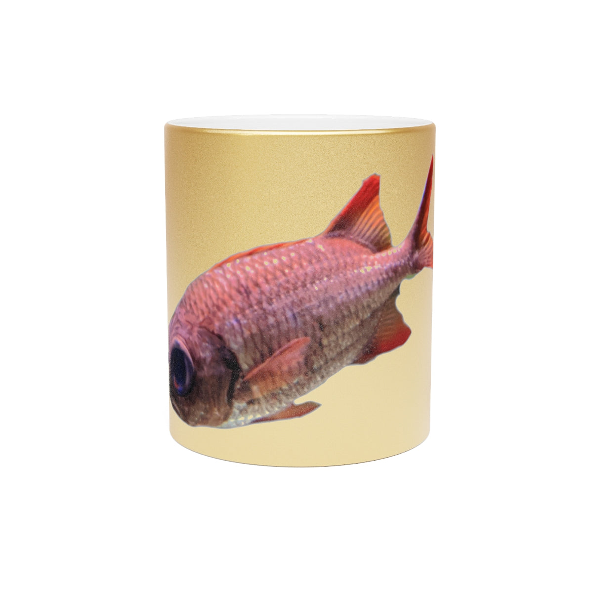 Colorful Fish Metallic Mug in Gold and Silver finishes, showcasing a personalized design option on a ceramic material.