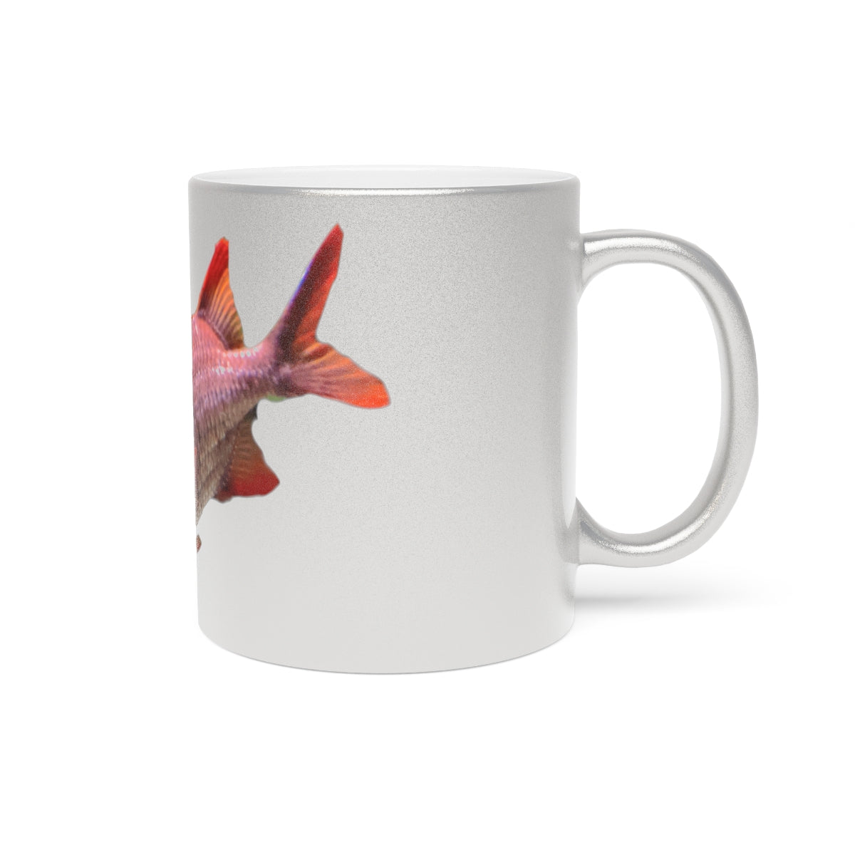 Colorful Fish Metallic Mug in Gold and Silver finishes, showcasing a personalized design option on a ceramic material.