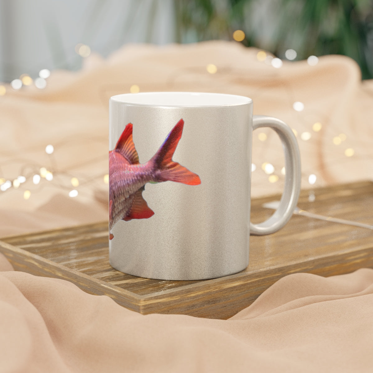 Colorful Fish Metallic Mug in Gold and Silver finishes, showcasing a personalized design option on a ceramic material.