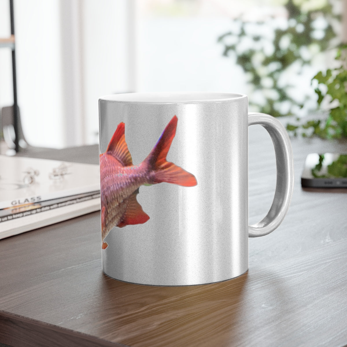 Colorful Fish Metallic Mug in Gold and Silver finishes, showcasing a personalized design option on a ceramic material.