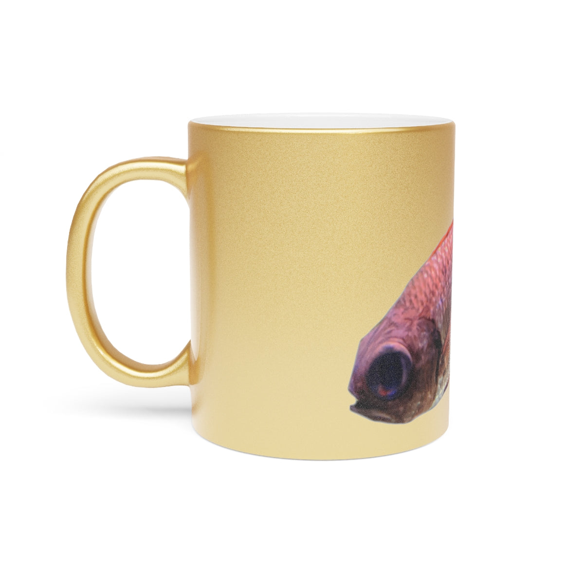 Colorful Fish Metallic Mug in Gold and Silver finishes, showcasing a personalized design option on a ceramic material.