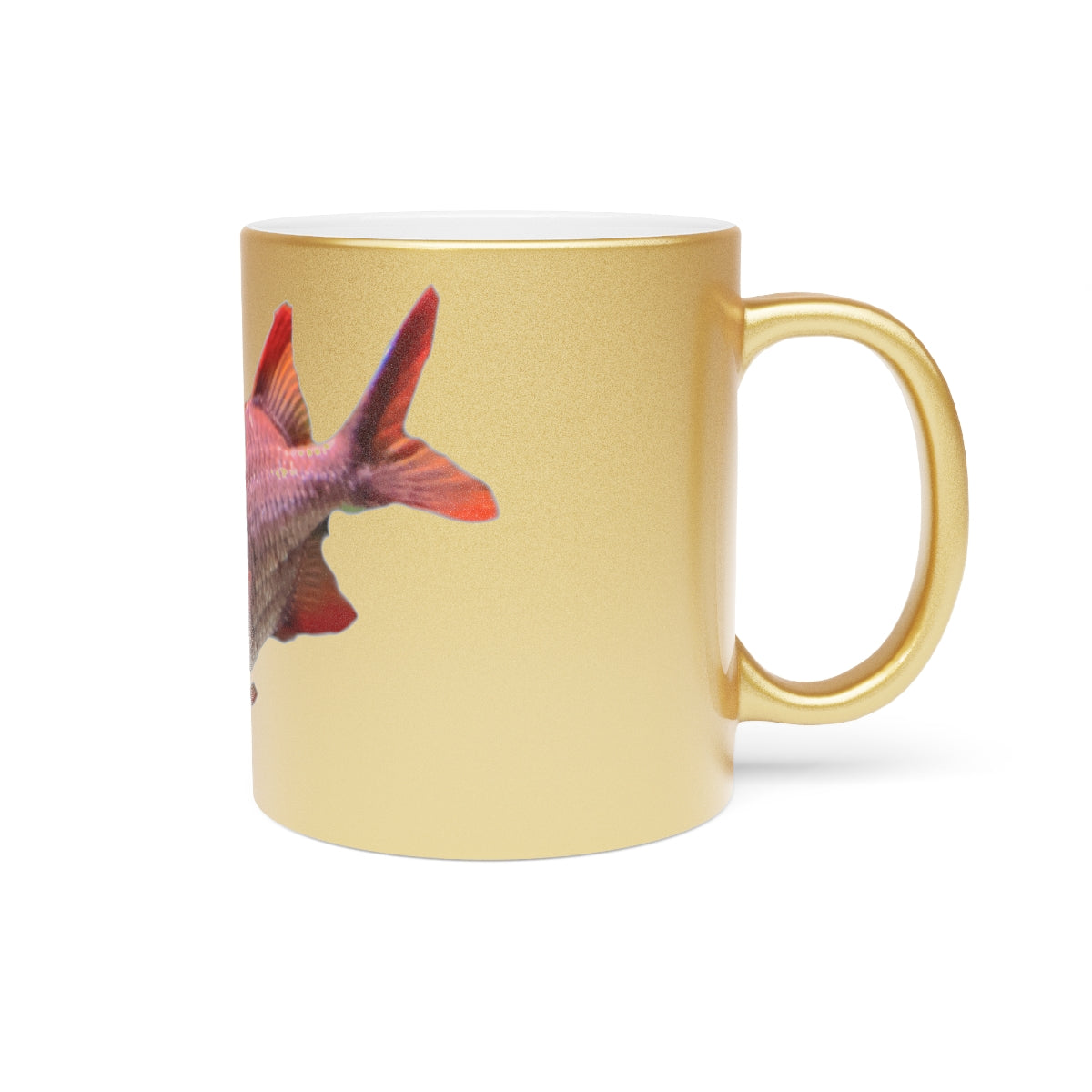 Colorful Fish Metallic Mug in Gold and Silver finishes, showcasing a personalized design option on a ceramic material.