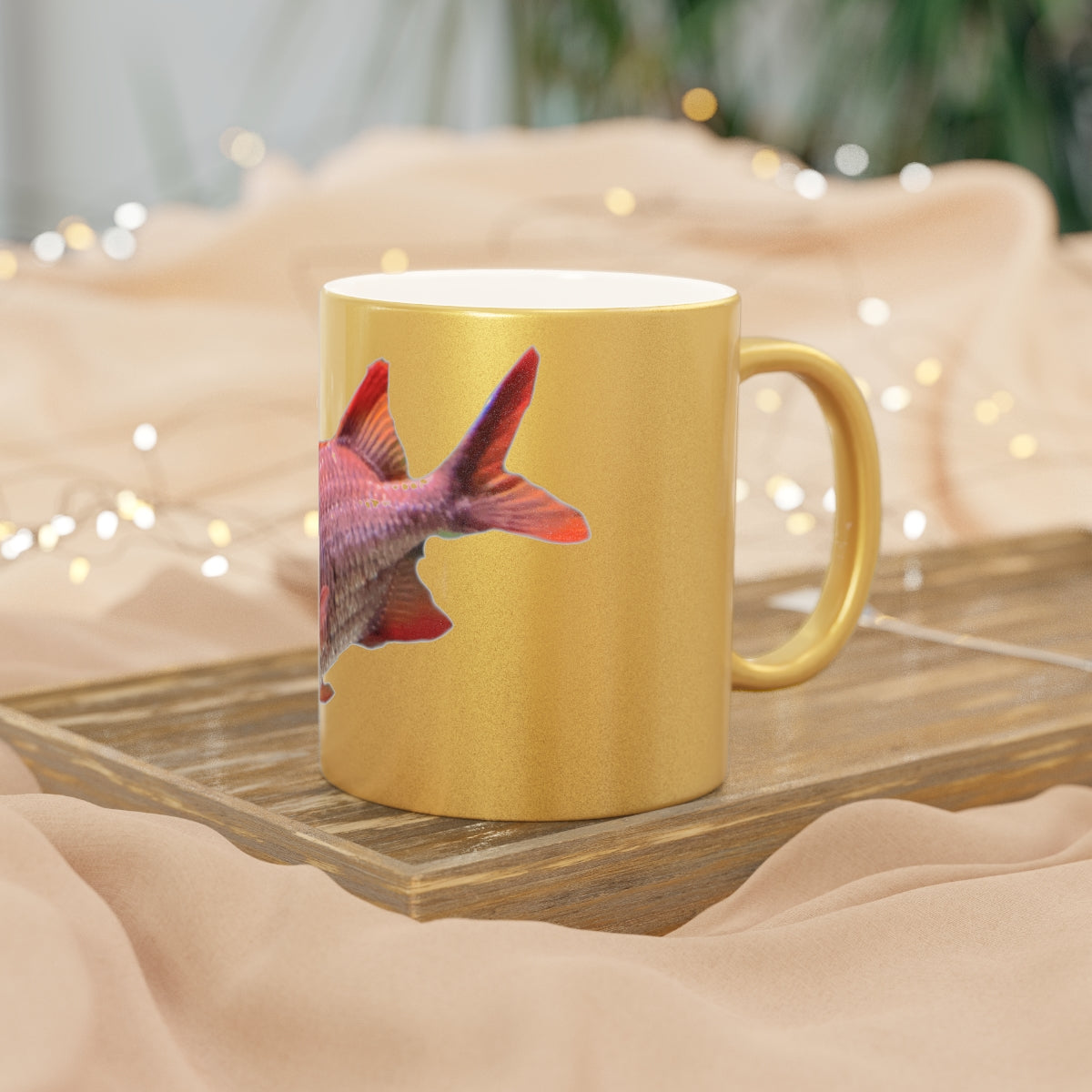 Colorful Fish Metallic Mug in Gold and Silver finishes, showcasing a personalized design option on a ceramic material.