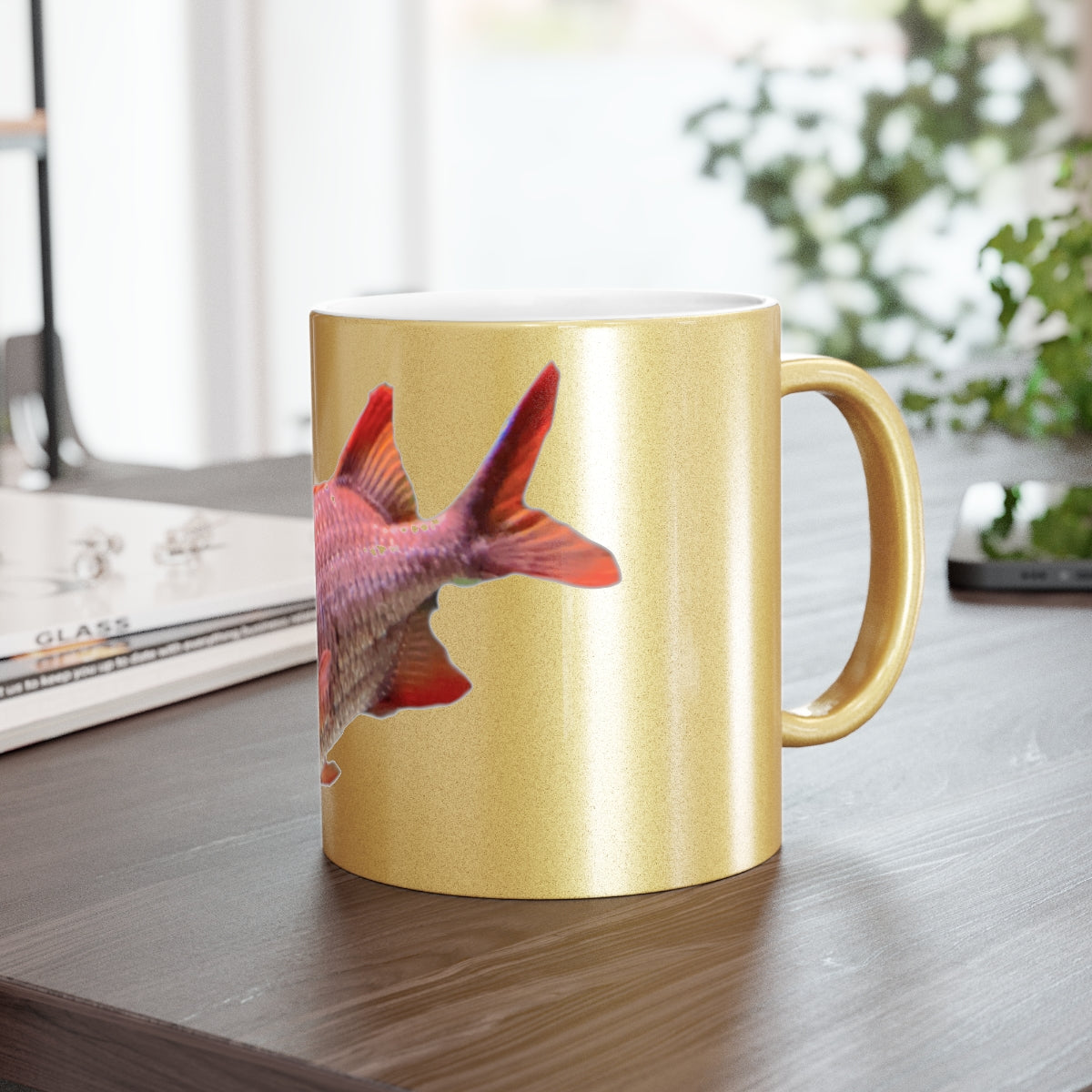 Colorful Fish Metallic Mug in Gold and Silver finishes, showcasing a personalized design option on a ceramic material.