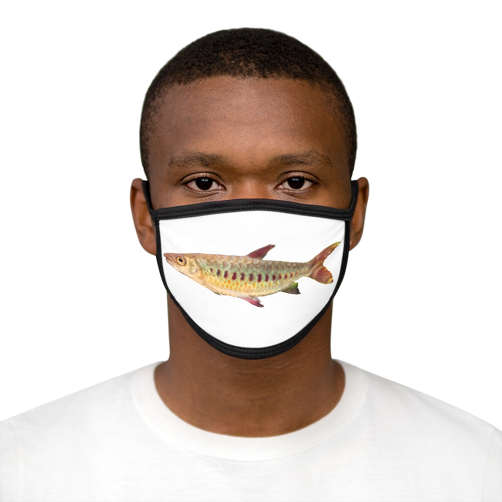 Colorful Fish Mixed-Fabric Face Mask featuring vibrant fish patterns on a polyester exterior with a soft cotton interior.