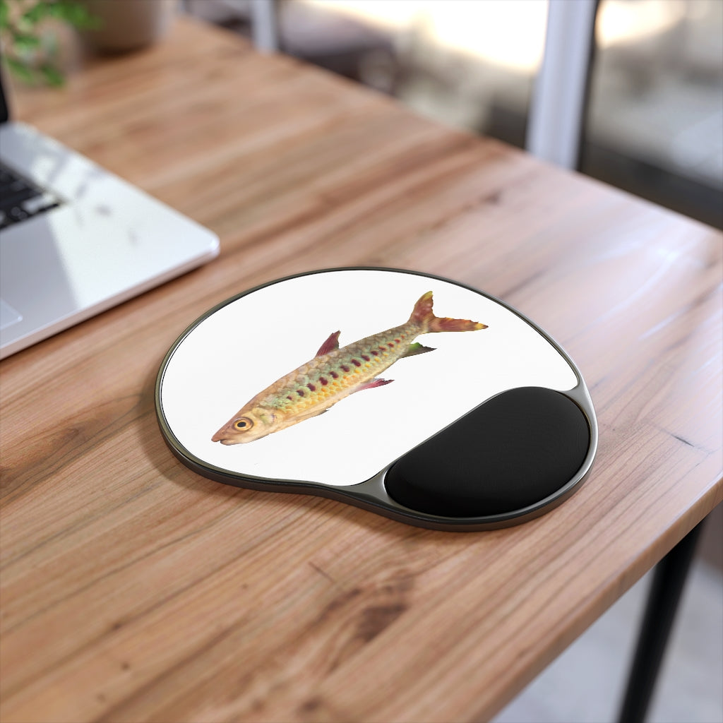 Colorful fish mouse pad with ergonomic wrist rest, featuring a vibrant design and durable base.