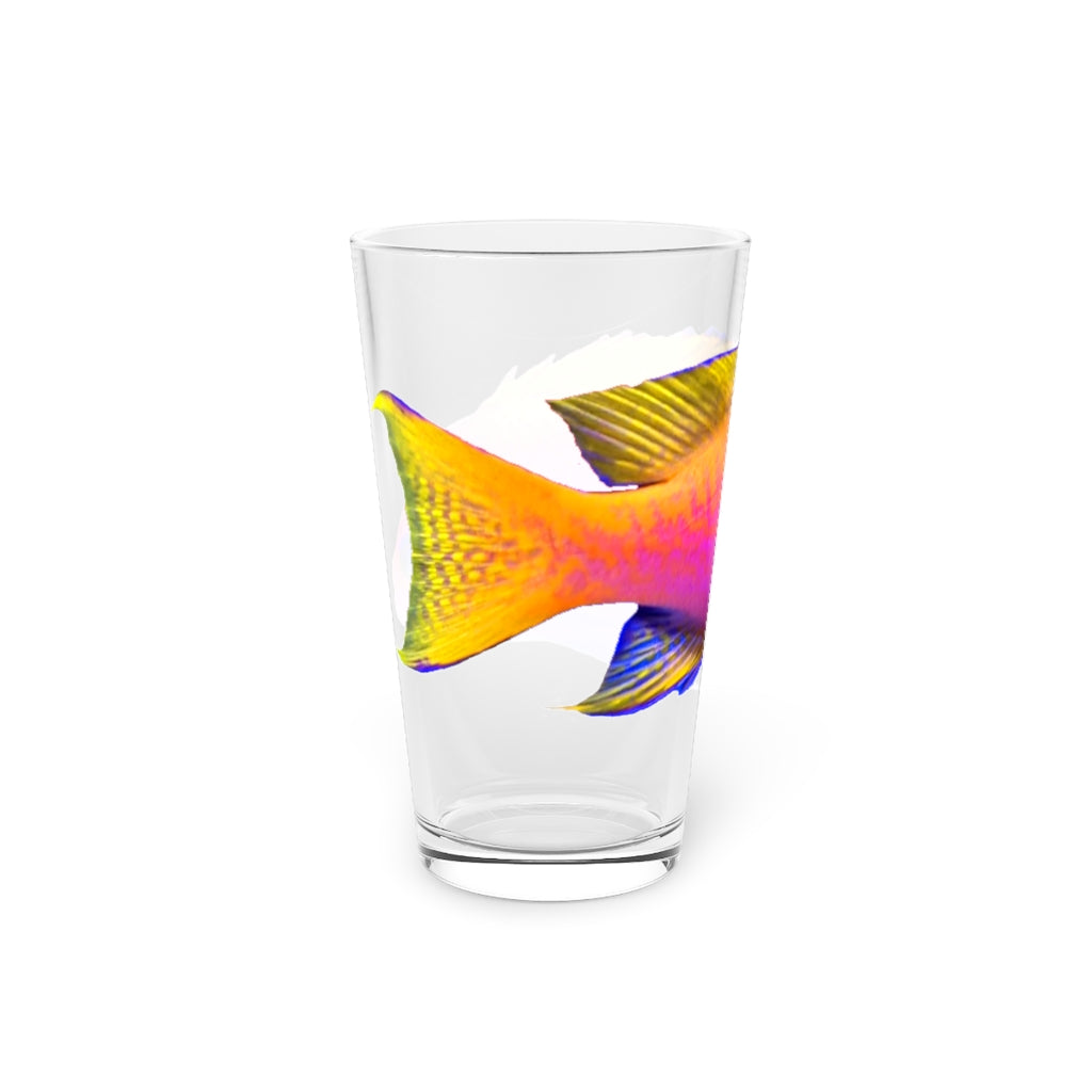 Colorful Fish Pint Glass, 16oz, featuring vibrant designs on clear glass, perfect for beverages.