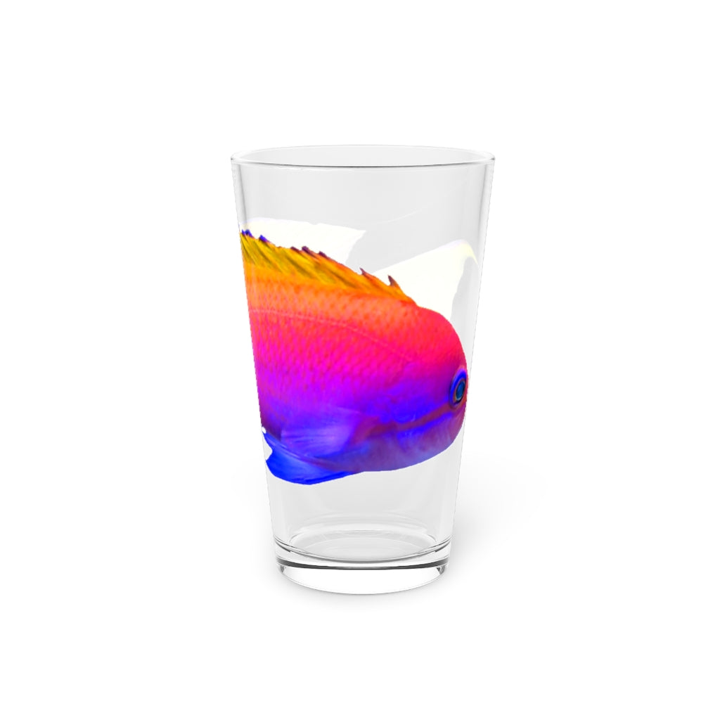 Colorful Fish Pint Glass, 16oz, featuring vibrant designs on clear glass, perfect for beverages.