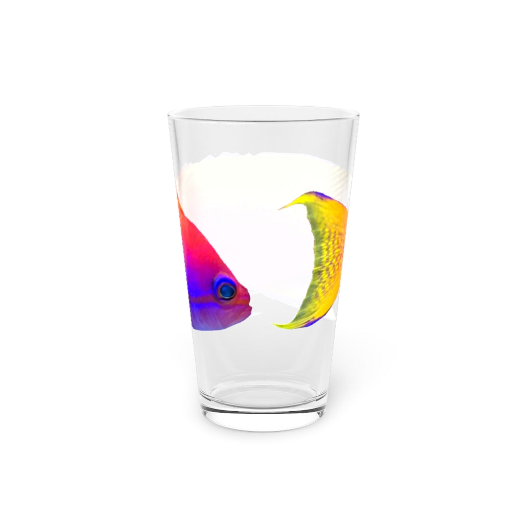 Colorful Fish Pint Glass, 16oz, featuring vibrant designs on clear glass, perfect for beverages.