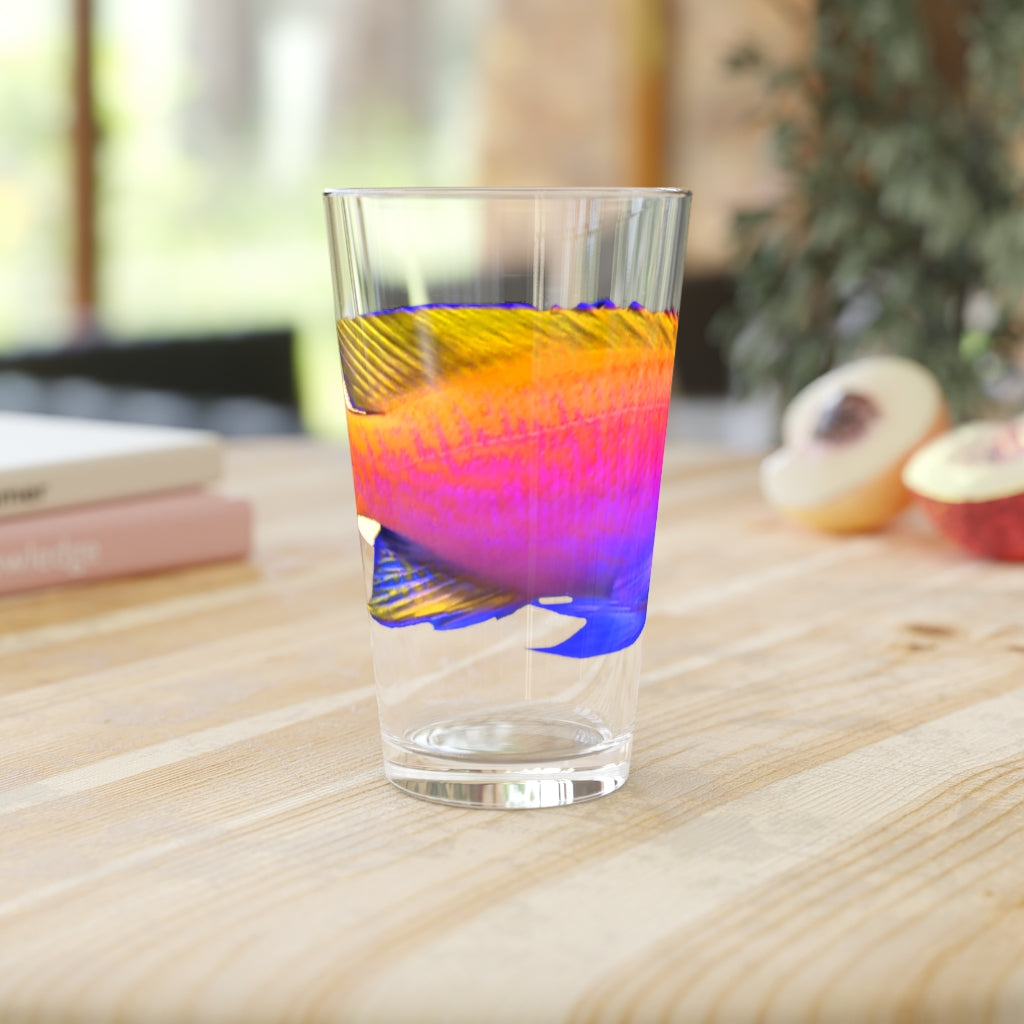 Colorful Fish Pint Glass, 16oz, featuring vibrant designs on clear glass, perfect for beverages.