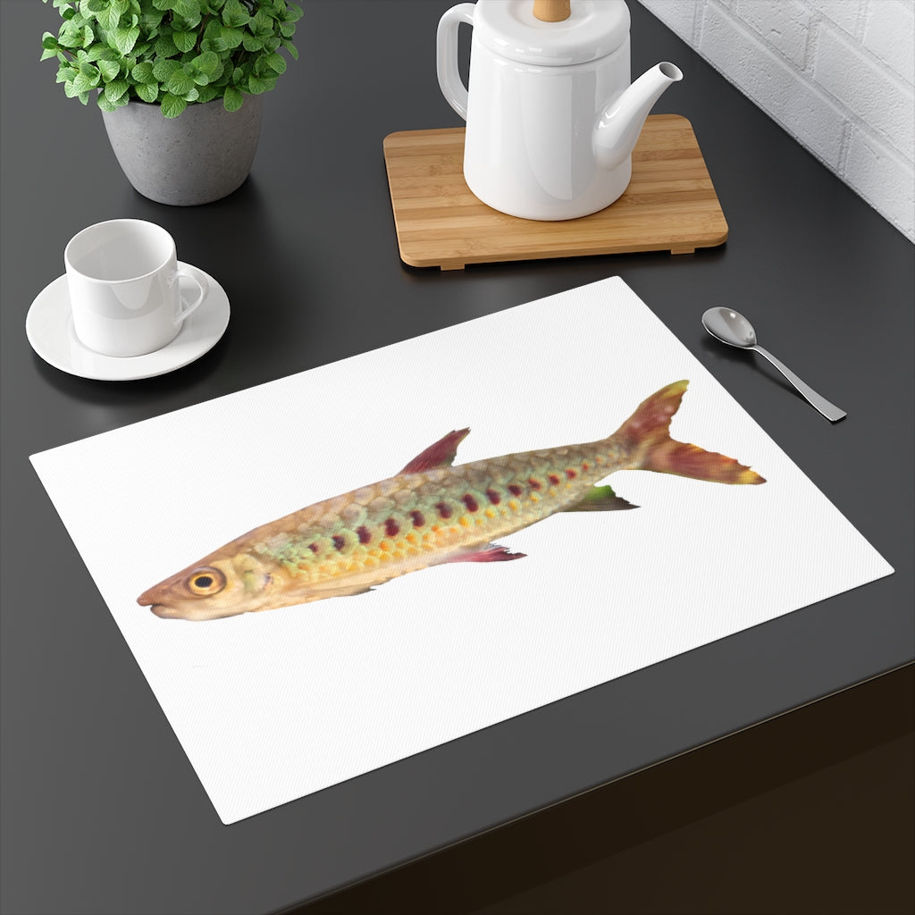 Colorful fish placemat featuring vibrant designs on one side and a natural back, made from durable cotton.