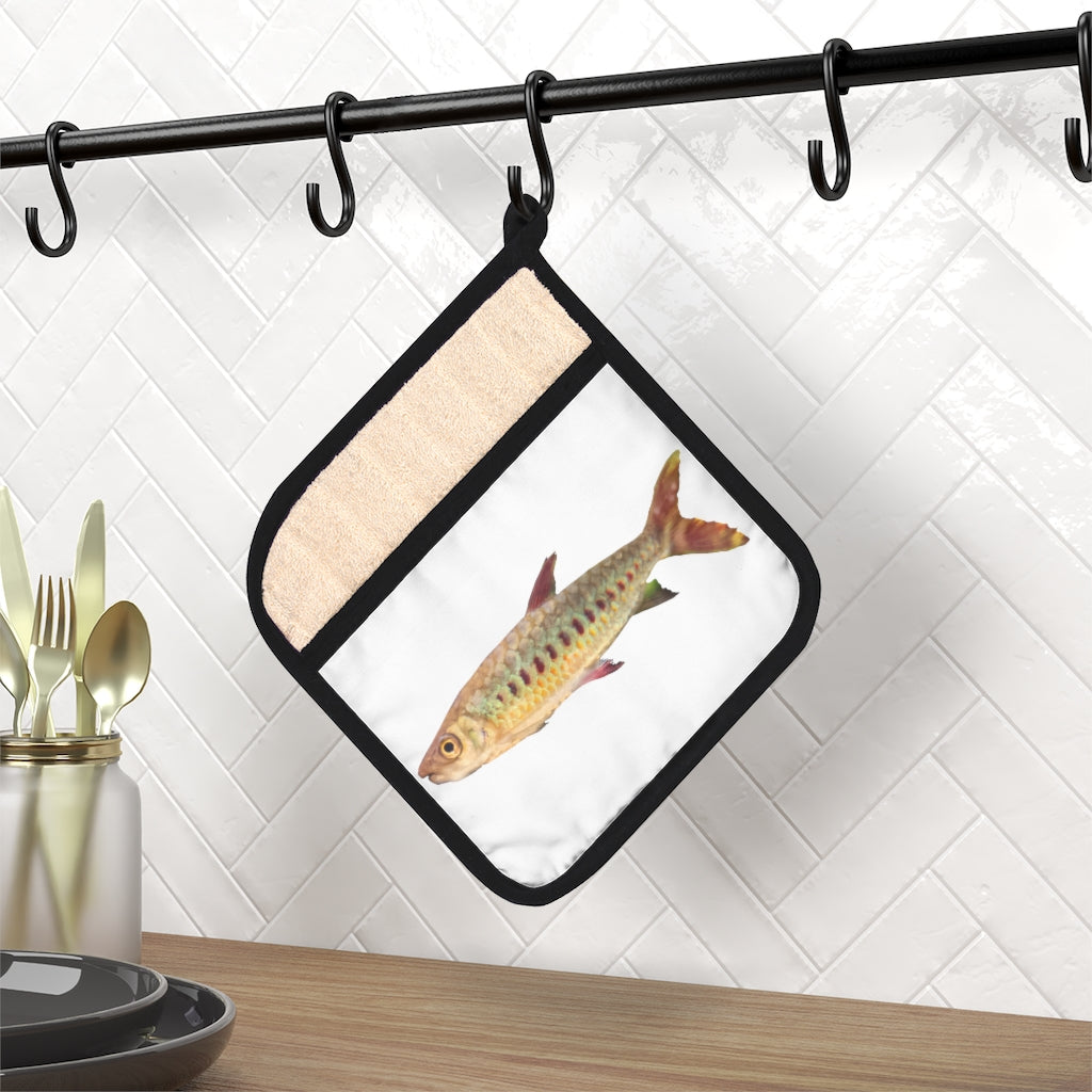 Colorful Fish Pot Holder with Pocket, featuring a vibrant fish design and a black cotton hanging loop for easy storage.