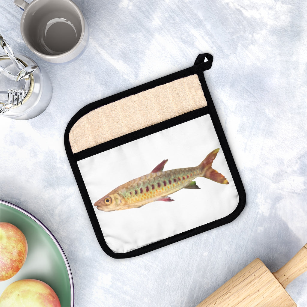 Colorful Fish Pot Holder with Pocket, featuring a vibrant fish design and a black cotton hanging loop for easy storage.