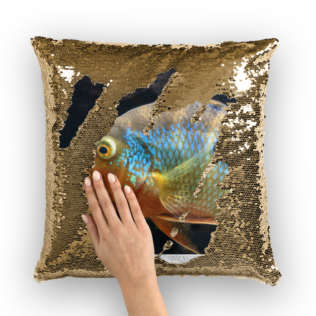 Colorful fish sequin cushion cover featuring vibrant mermaid design on a soft polyester fabric, ideal for home decor.