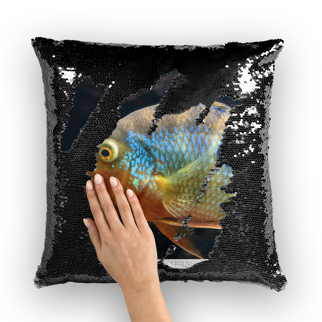 Colorful fish sequin cushion cover featuring vibrant mermaid design on a soft polyester fabric, ideal for home decor.