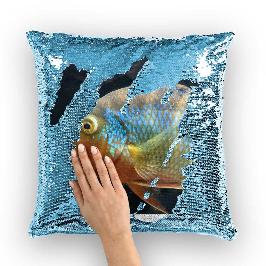 Colorful fish sequin cushion cover featuring vibrant mermaid design on a soft polyester fabric, ideal for home decor.